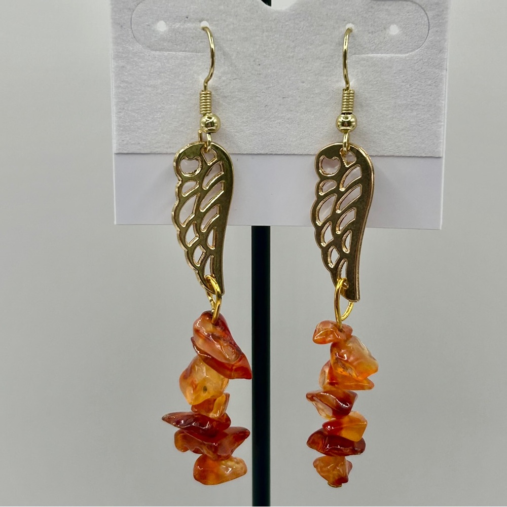Eclectic Gold Wing Earrings with Orange Stones